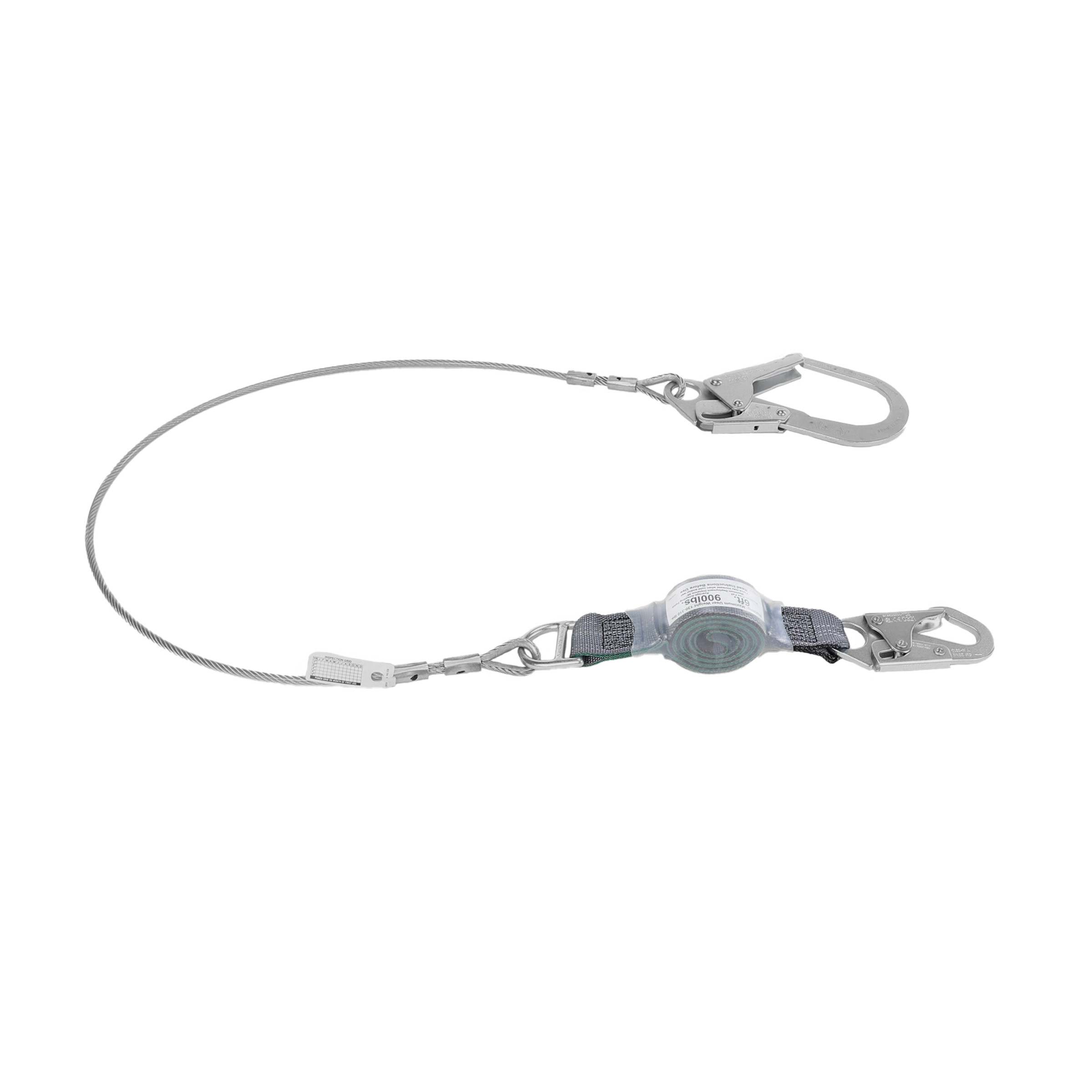 V-Series standard cable single-leg fixed energy absorbing lanyard, 6',36CL large snaphooks, ANSI Z359.13-2013